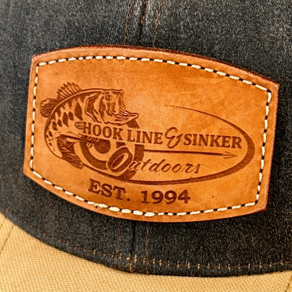 Hook Line & Sinker Leather Patch Mens Brown Tan Outdoor Cap Trucker Hat OSFM - Picture 2 of 11